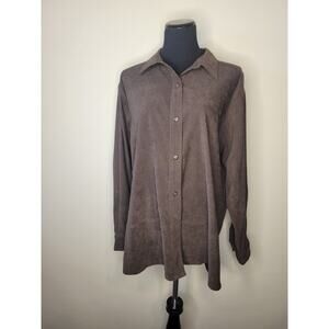 Bill Blass Woman's Size 1X Stretch Faux Suede Button Up Brown Shirt